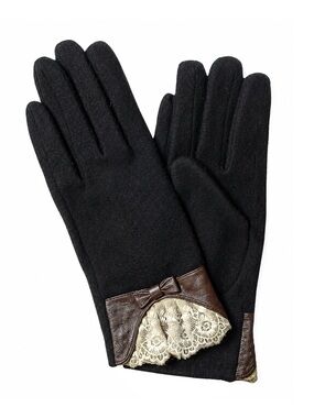 Vintage Look Black Cashmere Wool Blend Gloves Lace Trim Leather Bow Winter L/XL